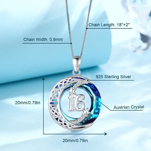 Sterling Silver Celtic Moon & Star Necklace with Blue Crystal for 16th Birthday - Picture 4 of 7